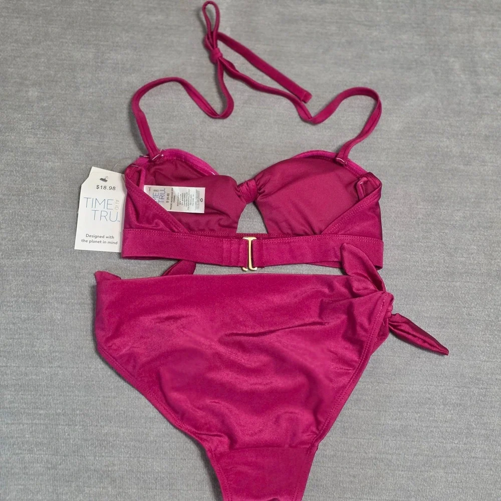 Time and Tru Bikini Set Womens Small 4-6 Magenta Pink Tie Front Keyhole New